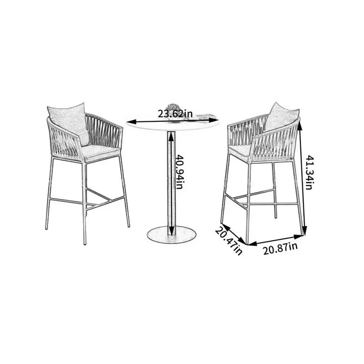 Hernán Outdoor Patio Bar Set 2 Chairs and 1 Table Set (Grey) Braided & Rope