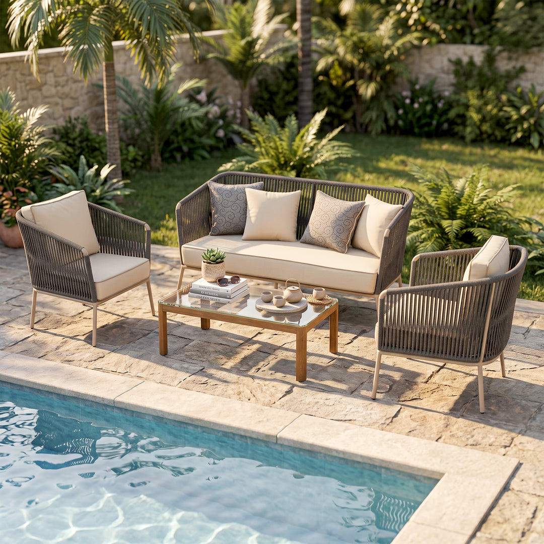 Ciro Outdoor Sofa Set 2 Seater , 2 Single seater and 1 Center Table (Dark Grey + Beige) Braided & Rope