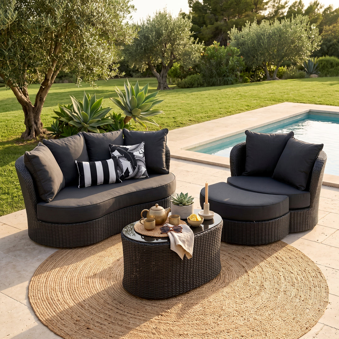Comox Outdoor Garden Balcony Sofa Set 2 Seater, Single seater and 1 Center Table with Ottoman Set (Black)