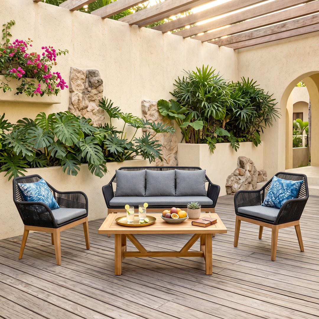 Cybella Outdoor Garden Balcony Sofa Set 2 Seater , 2 Single Seater 1 Center Table Set (Black) Braided and Rope