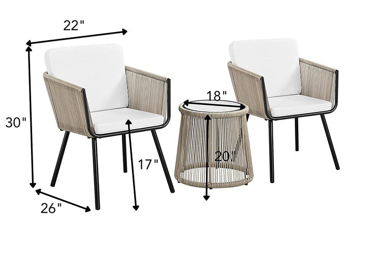 Odila Outdoor Patio Seating Set 2 Chairs and 1 Table Set (GREY+BROWN) Braided & Rope