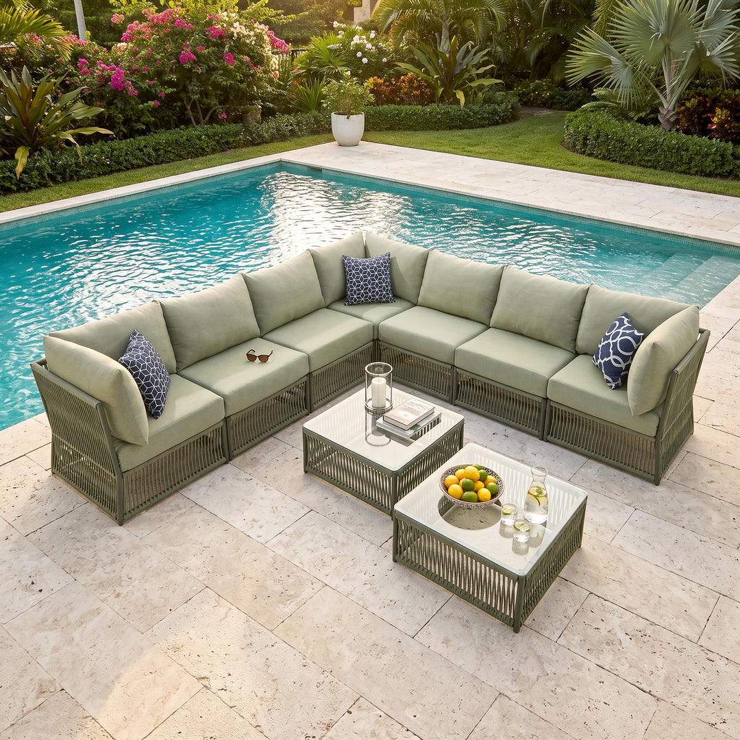 Deifilia Outdoor Sofa Set 7 Seater and 2 Center Table Set (Green) Braided & Rope