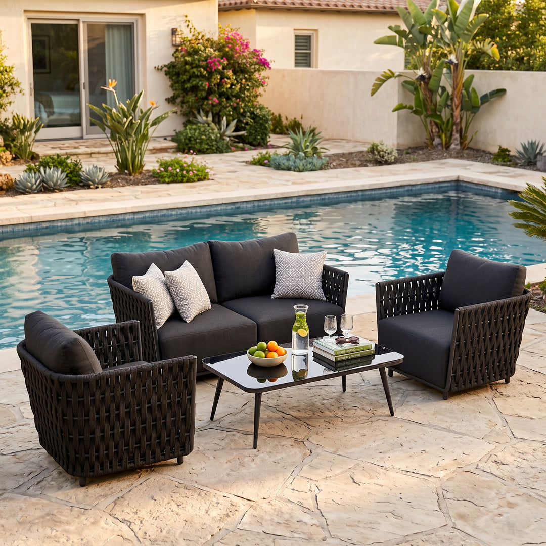 Deifilia Outdoor Sofa Set 2 Seater, 2 Single seater and 1 Center Table (Dark Grey) Braided & Rope