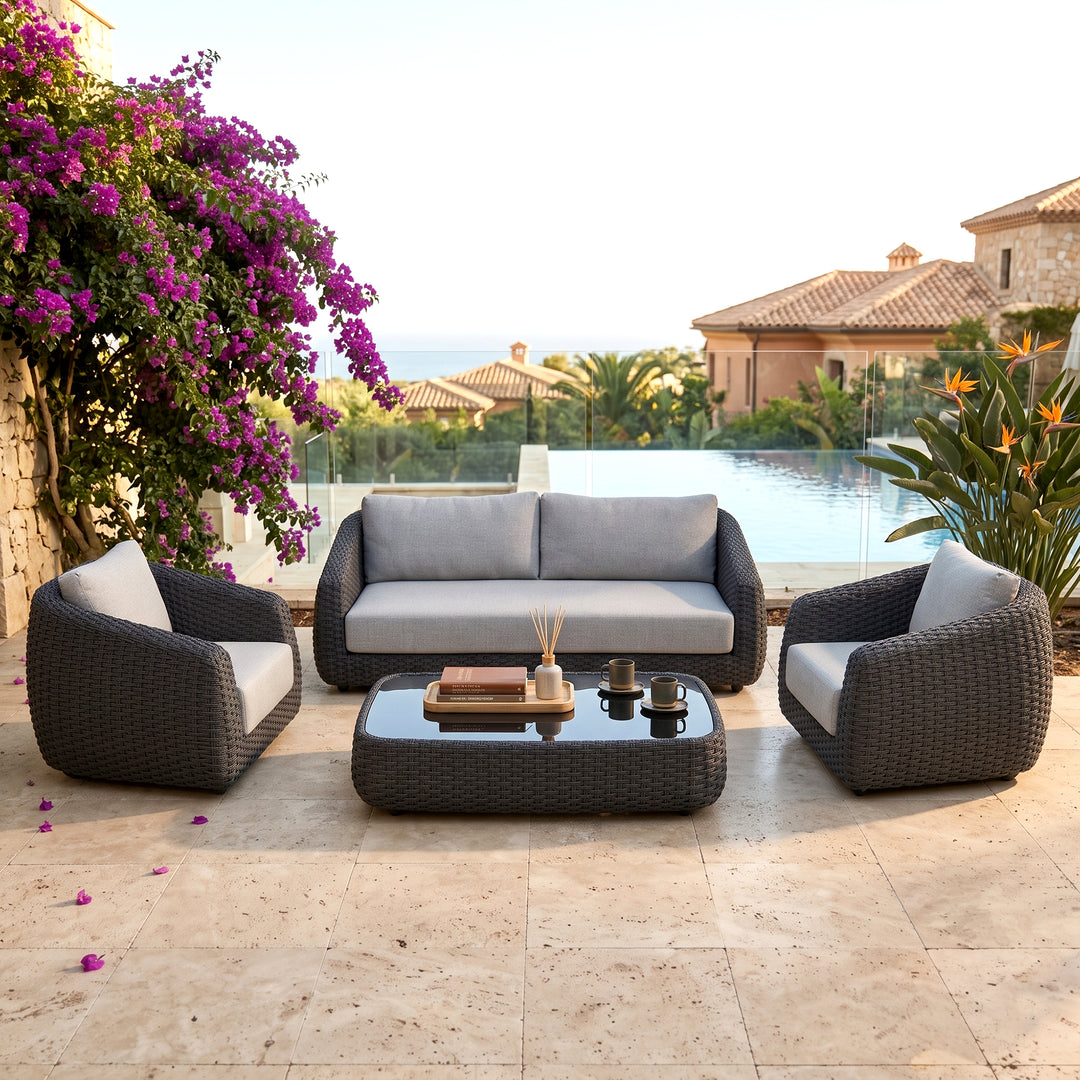 Deskoy Outdoor Garden Balcony Sofa Set 2 Seater, 2 Single seater and 1 Center Table Set, Braid & Rope (Black)