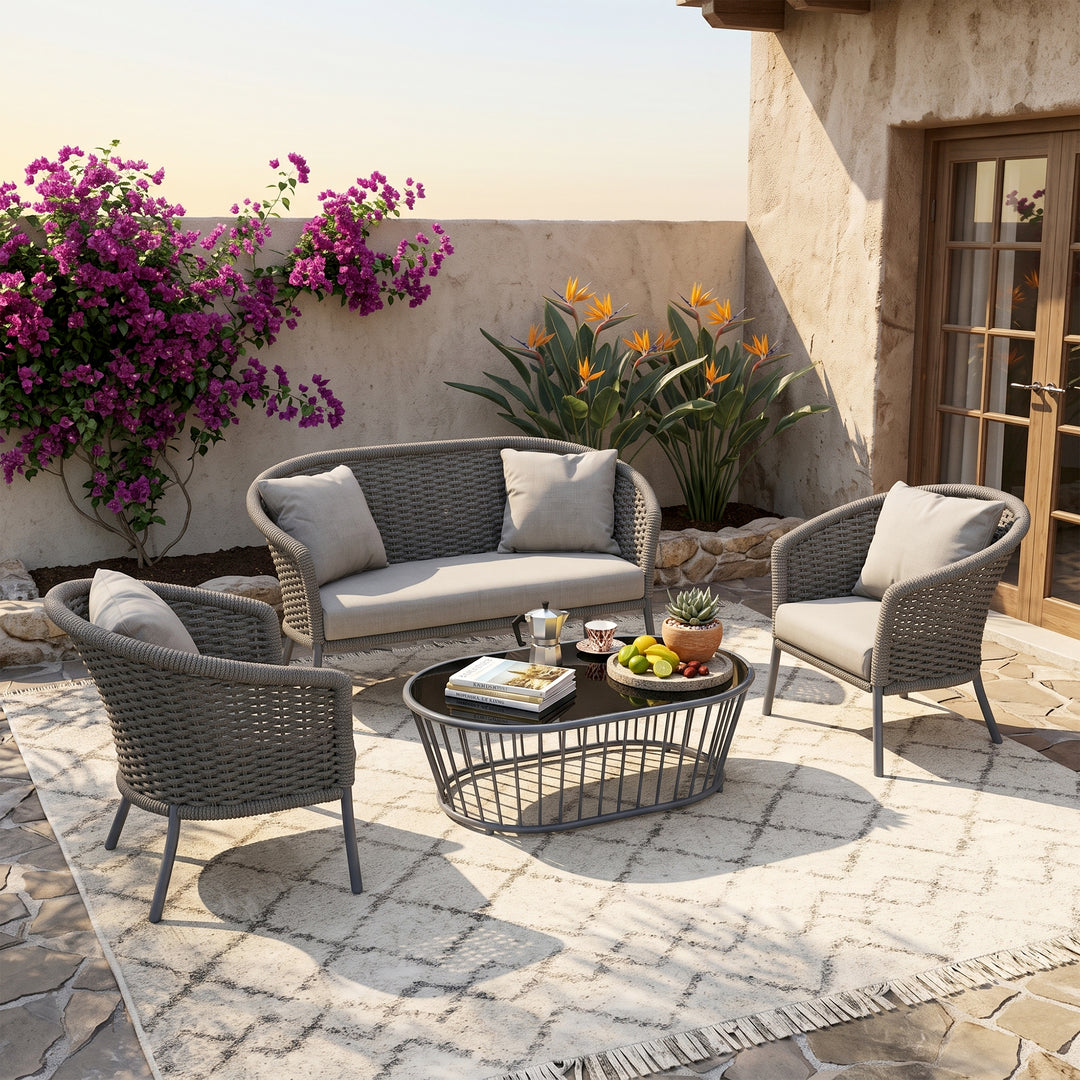 Eira Outdoor Garden Balcony Sofa Set 2 Seater , 2 Single Seater 1 Center Table Set (Black) Braided and Rope