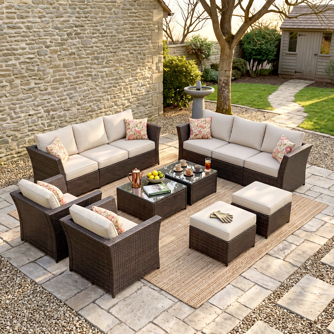 Enorson Outdoor Garden Balcony Sofa Set 2 Three Seater, 2 Single Seater With 2 Ottoman and 2 Center Table Set (Brown)