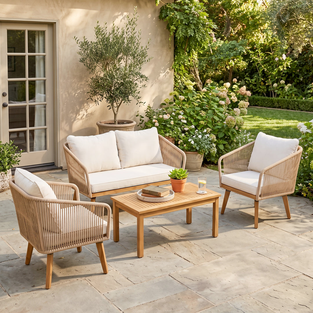 Eolia Outdoor Garden Balcony Sofa Set 2 Seater , 2 Single Seater 1 Center Table Set (Cream) Teak Wood and Braided & Rope