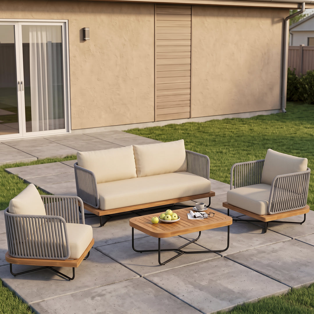 Eros Outdoor Garden Balcony Sofa Set 2 Seater , 2 Single Seater 1 Center Table Set Braided and Rope (Grey)
