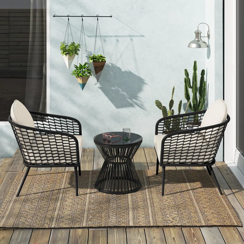 Spiff Outdoor Patio Seating Set 2 Chairs and 1 Table Set (Black + White) Braided & Rope