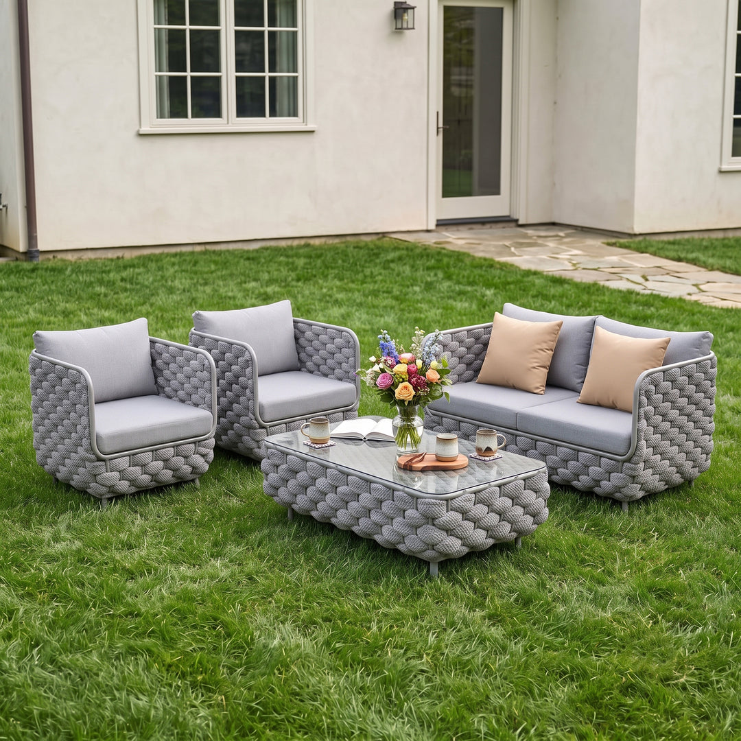 Fepel Outdoor Garden Balcony Sofa Set 2 Seater, 2 Single seater and 1 Center Table Set, Braid & Rope