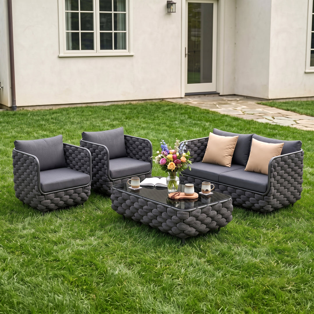 Fepel Outdoor Garden Balcony Sofa Set 2 Seater, 2 Single seater and 1 Center Table Set, Braid & Rope