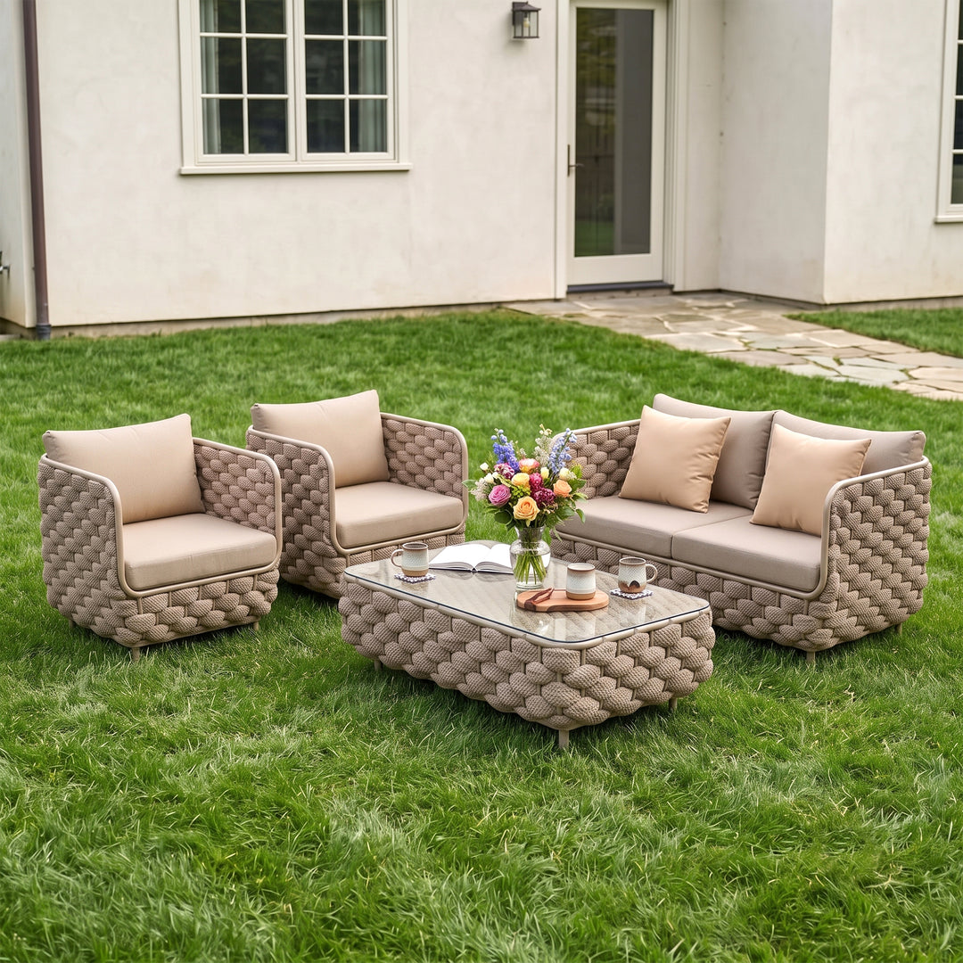 Fepel Outdoor Garden Balcony Sofa Set 2 Seater, 2 Single seater and 1 Center Table Set, Braid & Rope