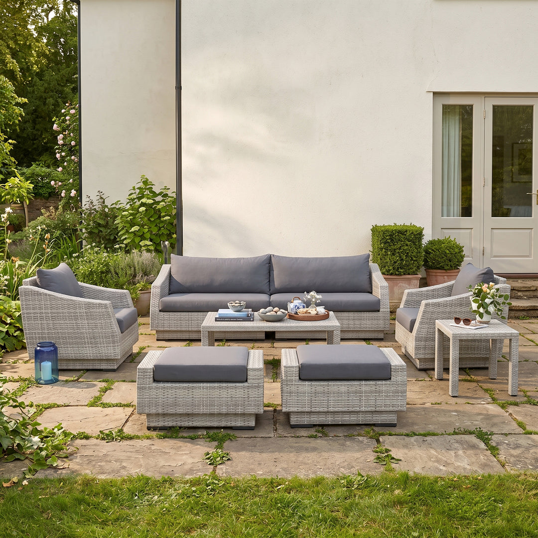 Floriana Outdoor Patio Sofa Set 3 Seater, 2 Single Seater , 2 Footstool , 1 Side table and 1 Center Table (Silver)