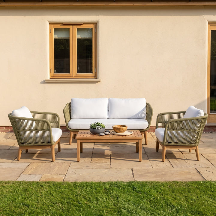 Gala Outdoor Garden Balcony Sofa Set 2 Seater , 2 Single Seater 1 Center Table Set (Cream) Teak Wood and Braided & Rope
