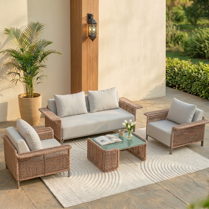 Parlak Outdoor Garden Balcony Sofa Set 2 Seater, 2 Single seater and 1 Center Table  Set (Beige) Braided & Rope