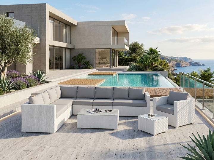 Ulva Outdoor Sofa Set 8 Seater , Single Seater and 2 Center Table Set (White + Grey)