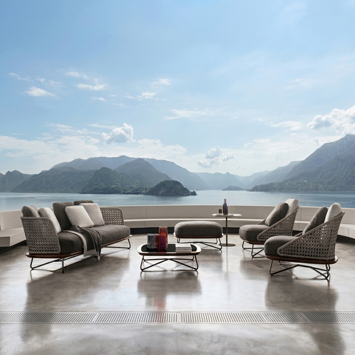 Alano Outdoor Garden Balcony Sofa Set 3 Seater, 2 Single Seater 1 Ottoman and 1 Center Table Set Braid & Rope (Grey)