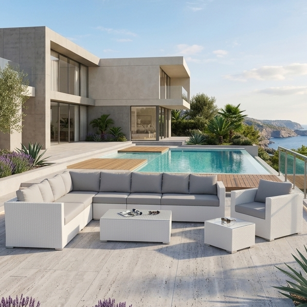Ulva Outdoor Sofa Set 8 Seater , Single Seater and 2 Center Table Set (White)