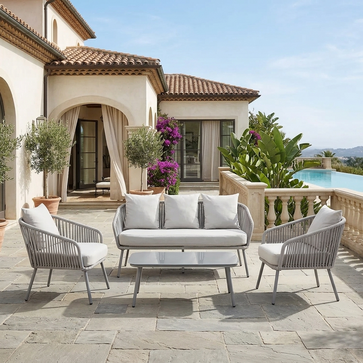 Akva Outdoor Sofa Set 3 Seater , 2 Single seater and 1 Center Table Set (Grey) Braided & Rope