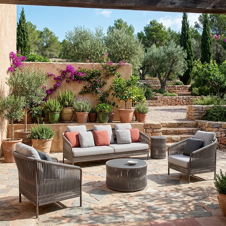 Madaki Outdoor Garden Balcony Sofa Set 3 Seater , 2 Single Seater and 1 Center Table & 1 Side Table Set, Braid & Rope (Grey)