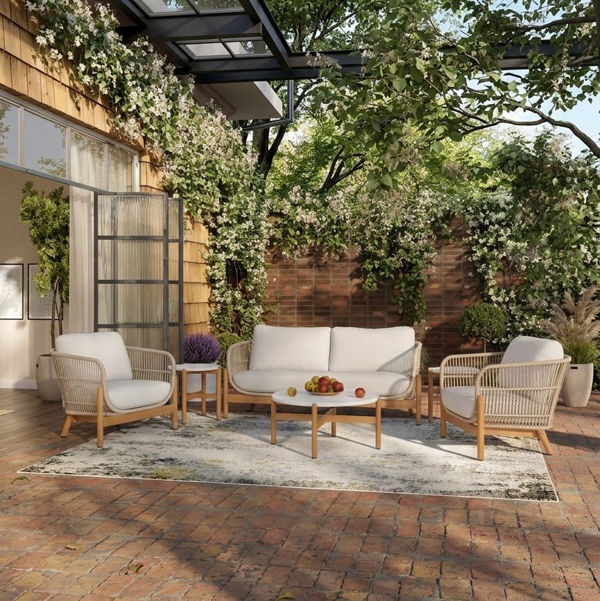 Outdoor patio with white furniture, plants, and a wooden pergola