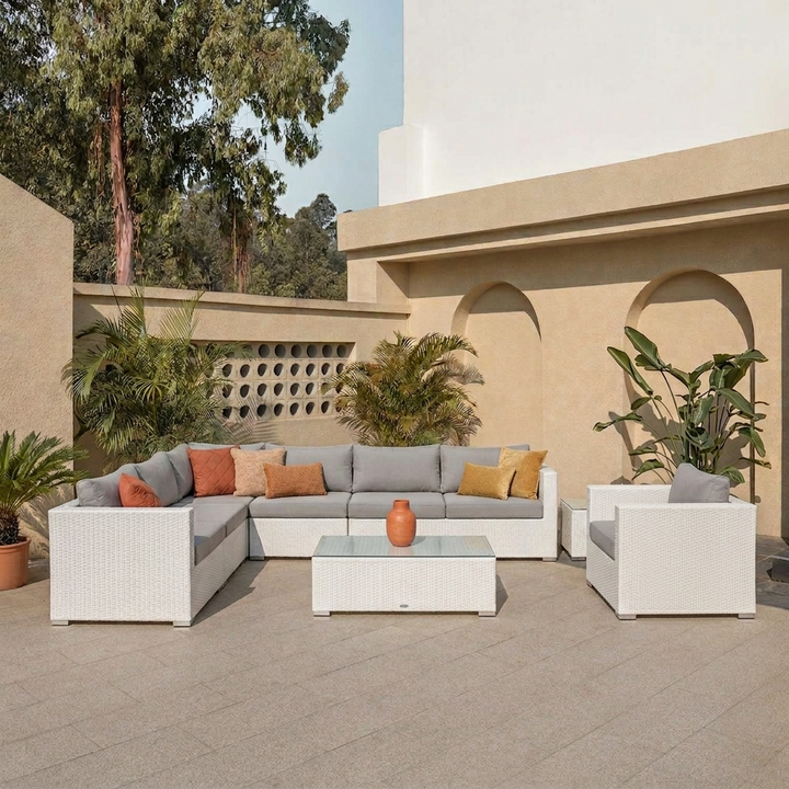 Ulva Outdoor Sofa Set 8 Seater , Single Seater and 2 Center Table Set (White)