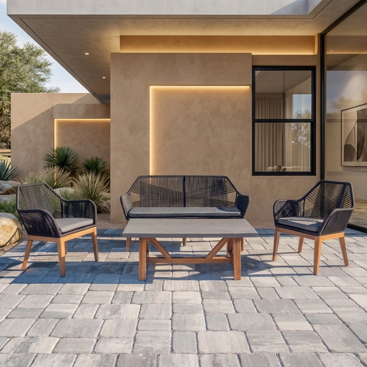 Cybella Outdoor Garden Balcony Sofa Set 2 Seater , 2 Single Seater 1 Center Table Set (Black) Braided and Rope