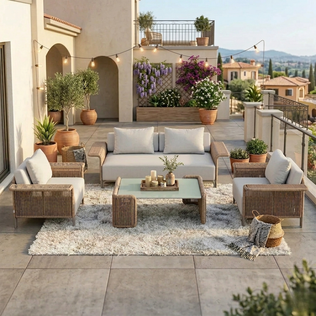 Parlak Outdoor Garden Balcony Sofa Set 2 Seater, 2 Single seater and 1 Center Table  Set (Beige) Braided & Rope