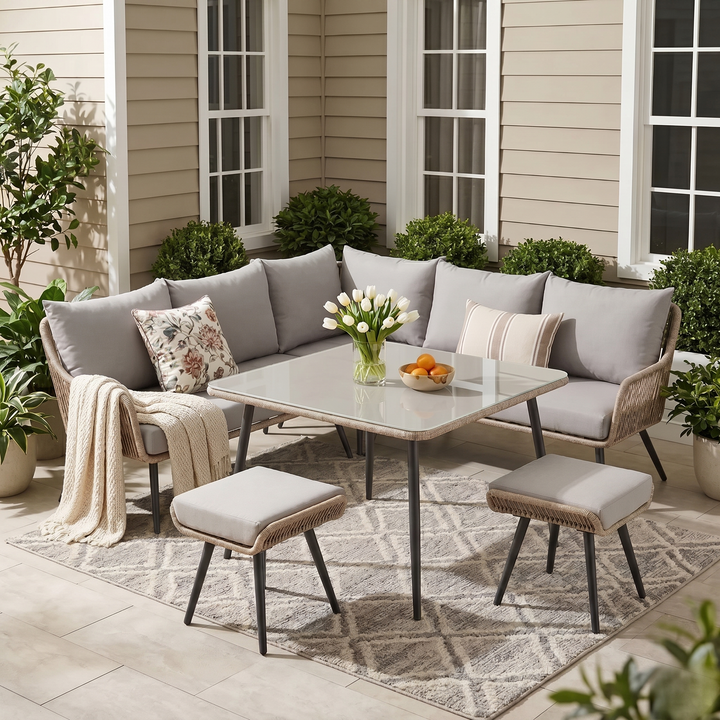 Stash Outdoor Garden Balcony Sofa Set 5 Seater  and 1 Center Table With 2 Ottoman Set (Beige)