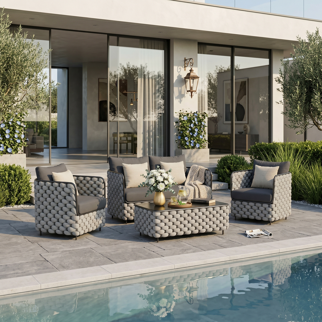 Fepel Outdoor Garden Balcony Sofa Set 2 Seater, 2 Single seater and 1 Center Table Set, Braid & Rope