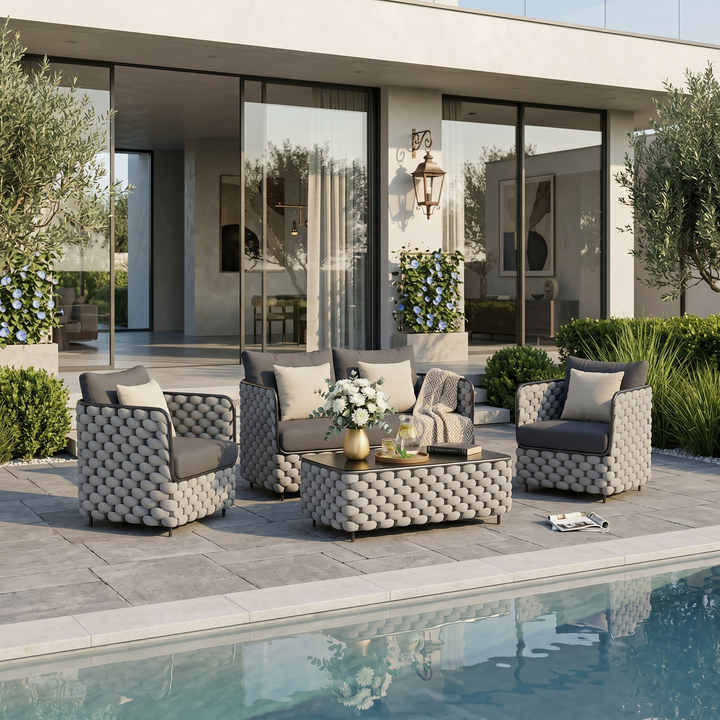 Fepel Outdoor Garden Balcony Sofa Set 2 Seater, 2 Single seater and 1 Center Table Set, Braid & Rope