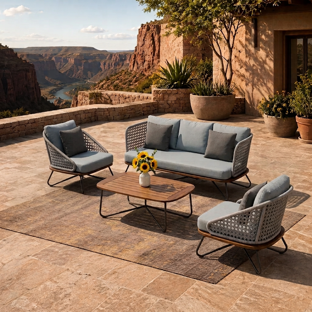 Marcela Outdoor Sofa Set 3 Seater, 2 Single seater and 1 Center Table Set (Grey) Braided & Rope