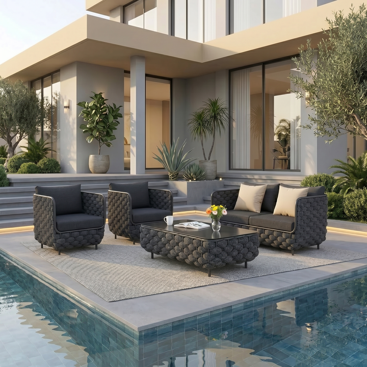Fepel Outdoor Garden Balcony Sofa Set 2 Seater, 2 Single seater and 1 Center Table Set, Braid & Rope