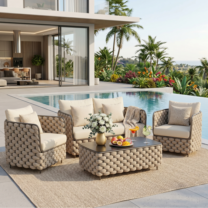 Fepel Outdoor Garden Balcony Sofa Set 2 Seater, 2 Single seater and 1 Center Table Set, Braid & Rope