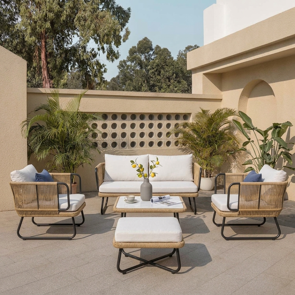 Elix Outdoor Sofa Set 2 Seater, 2 Single seater and 1 Center Table with ottoman (Beige) Braided & Rope