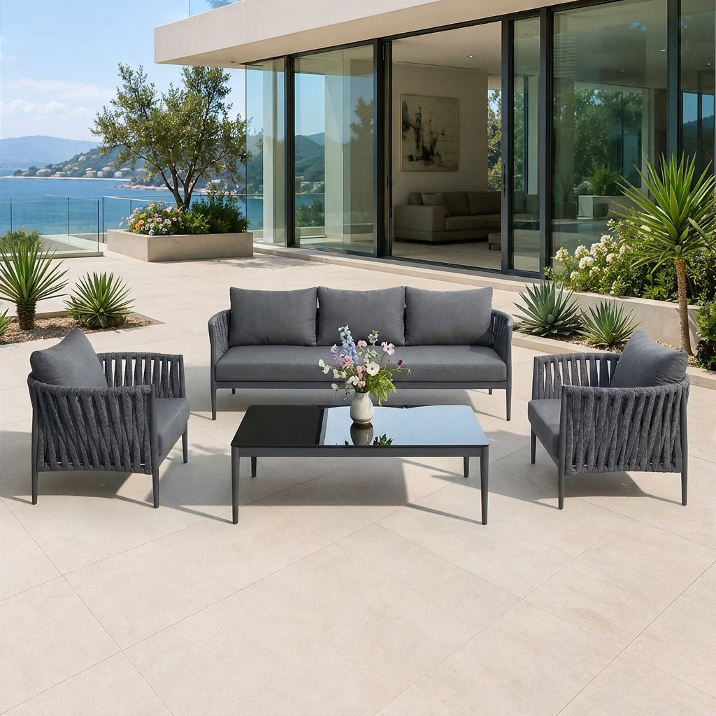 Pablo Outdoor Garden Balcony Sofa Set 3 Seater, 2 Single seater and 1 Table Set Braid & Rope (Dark Grey)