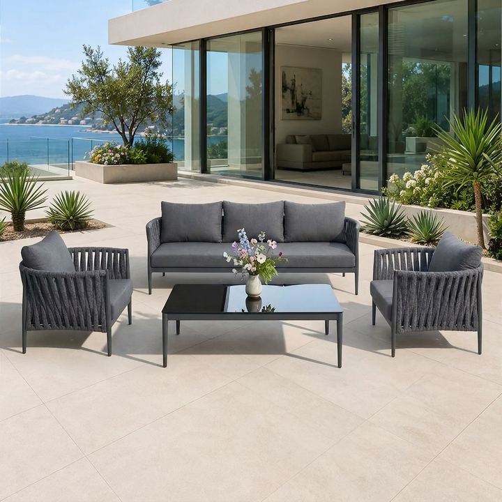 Pablo Outdoor Garden Balcony Sofa Set 3 Seater, 2 Single seater and 1 Table Set Braid & Rope (Dark Grey)