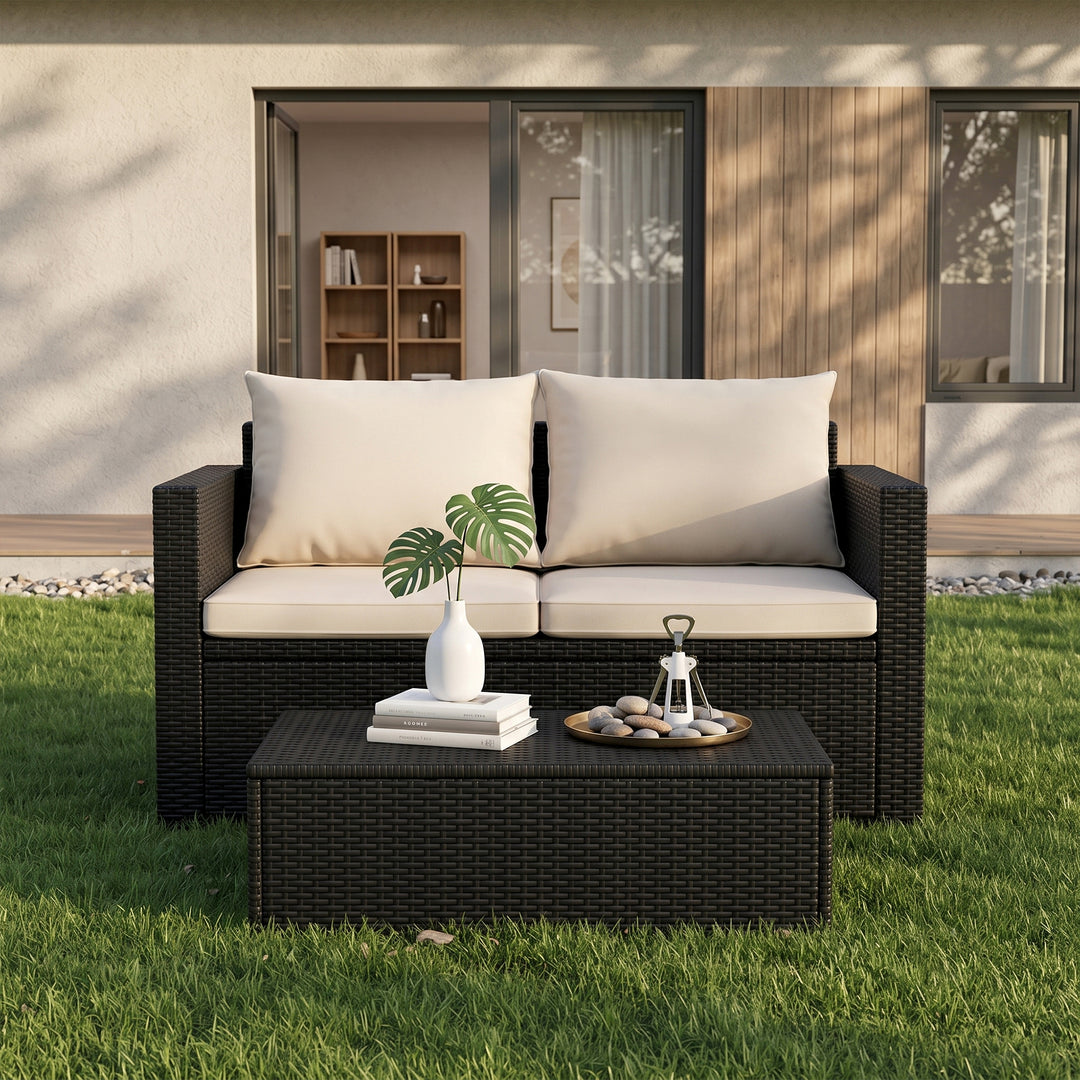 Girolamo Outdoor Sofa Set 2 Seater and 1 Center Table (Black + Beige)