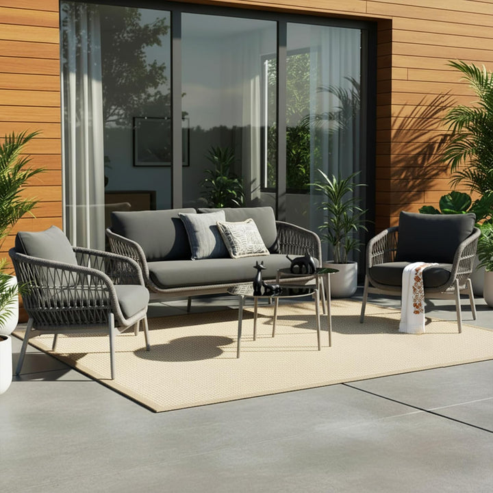 Seibi Outdoor Garden Balcony Sofa Set 2 Seater , 2 Single Seater 2 Center Table Set Braided and Rope