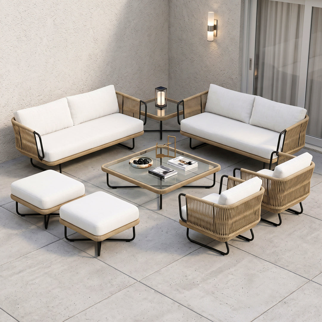 Hancy Outdoor Sofa Set 6 Seater , 2 Ottoman and 1 Center Table + 1 side table Set  (Tan + Beige) Braided & Rope