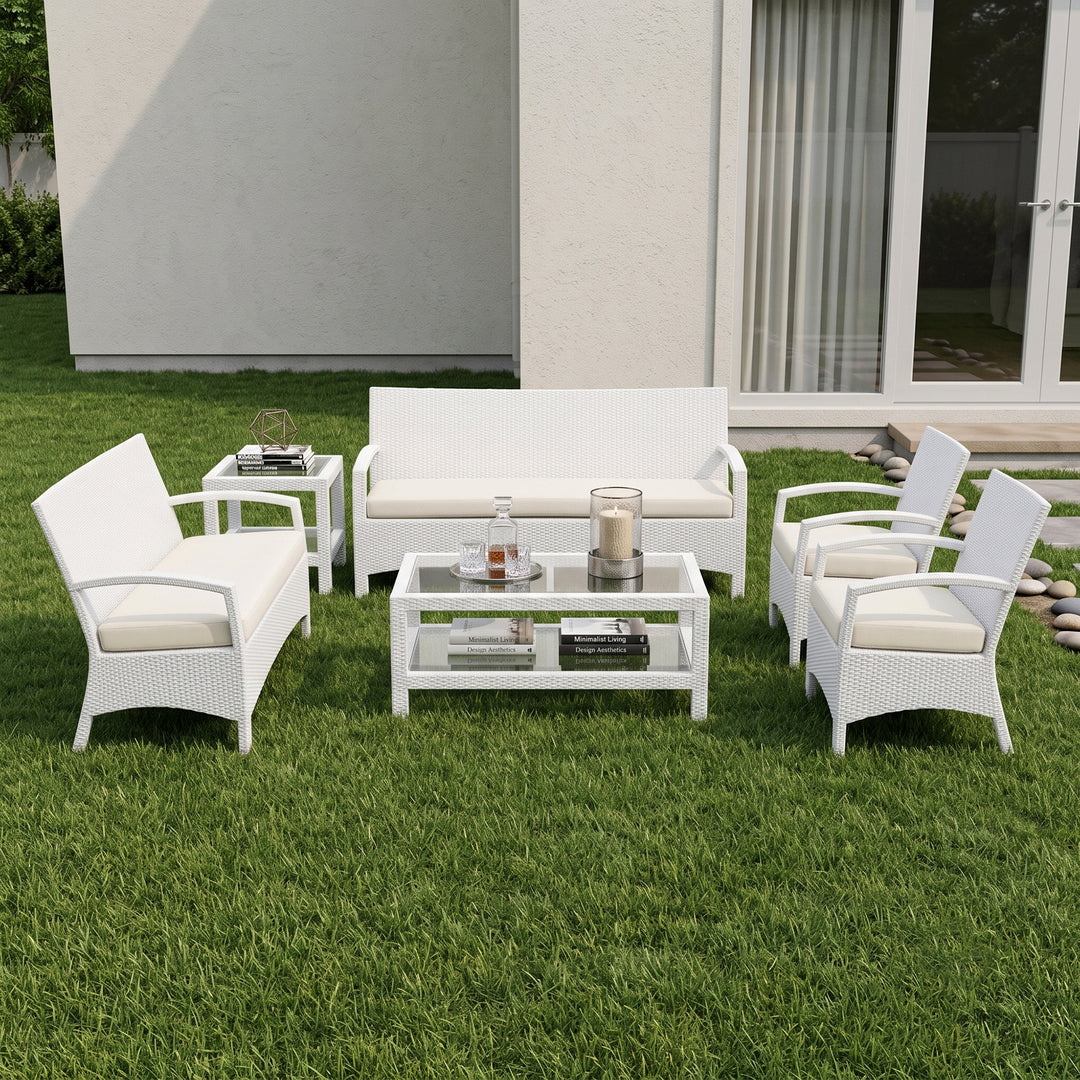 Hudson Outdoor Garden Balcony Sofa Set 3 Seater, 2 Seater With 2 Single Seater and 1 Center Table With 1 Side Table Set (White)