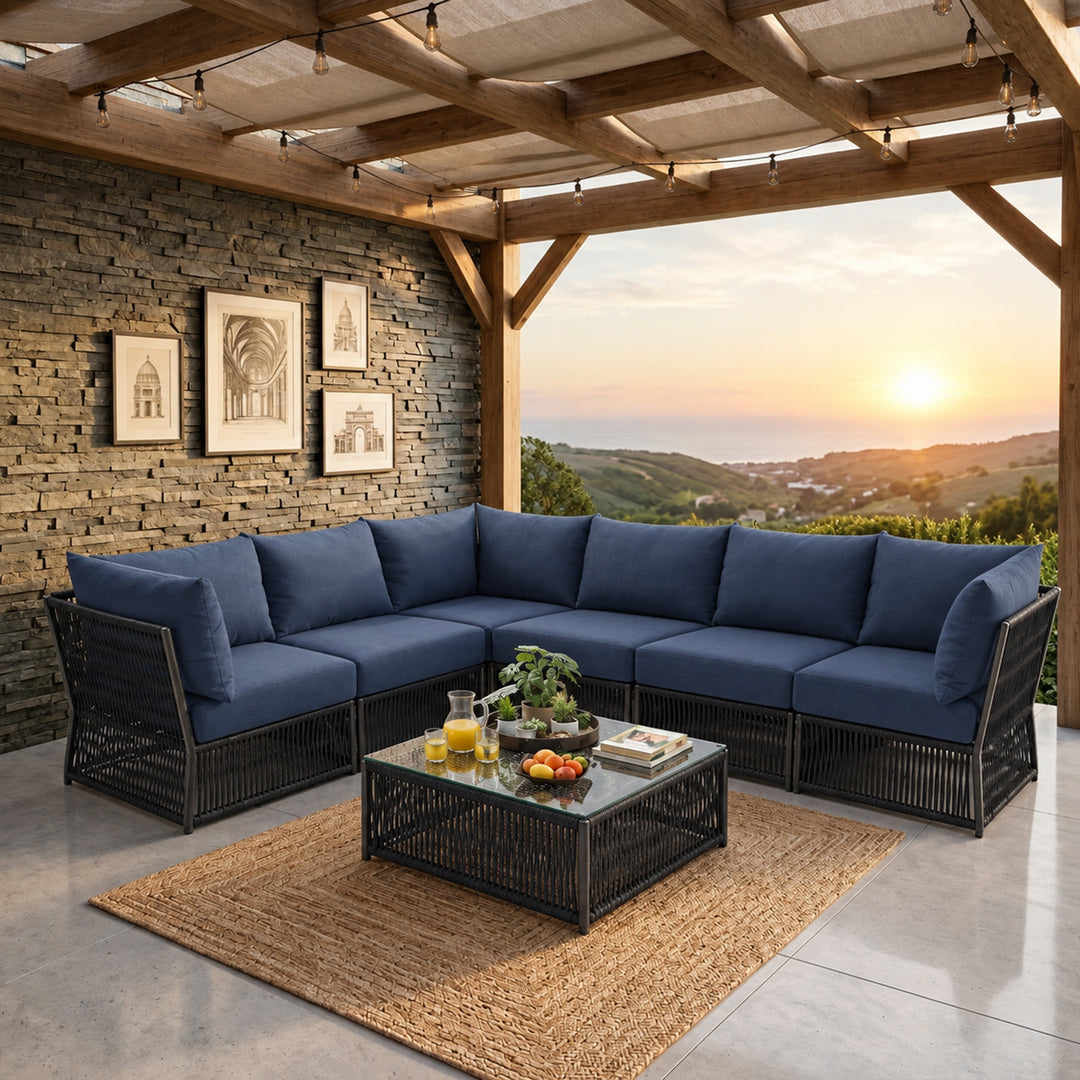 Jacobo Outdoor Sofa Set 6 Seater and 1 Center Table Set Braided & Rope