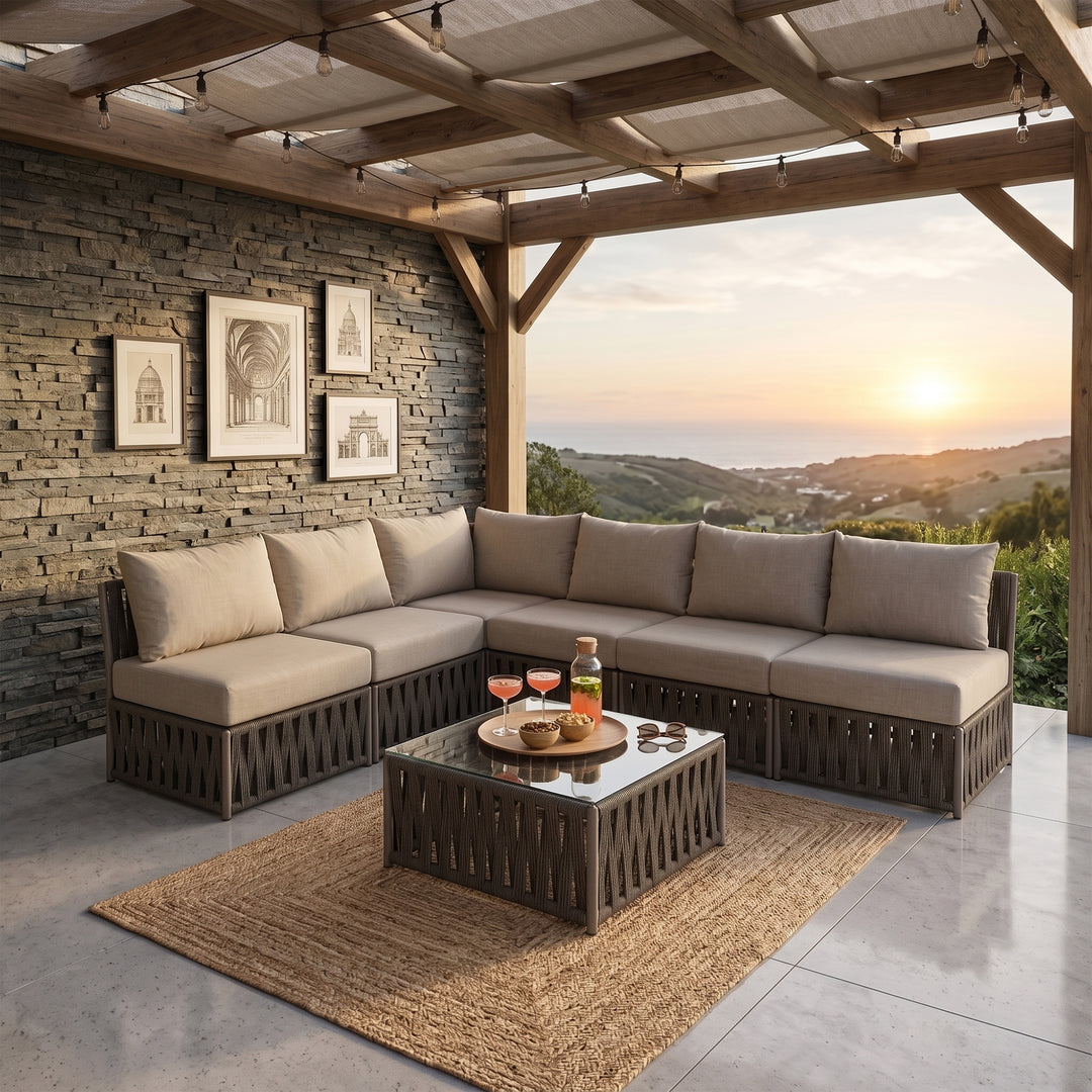 Jacobo Outdoor Sofa Set 6 Seater and 1 Center Table Set Braided & Rope