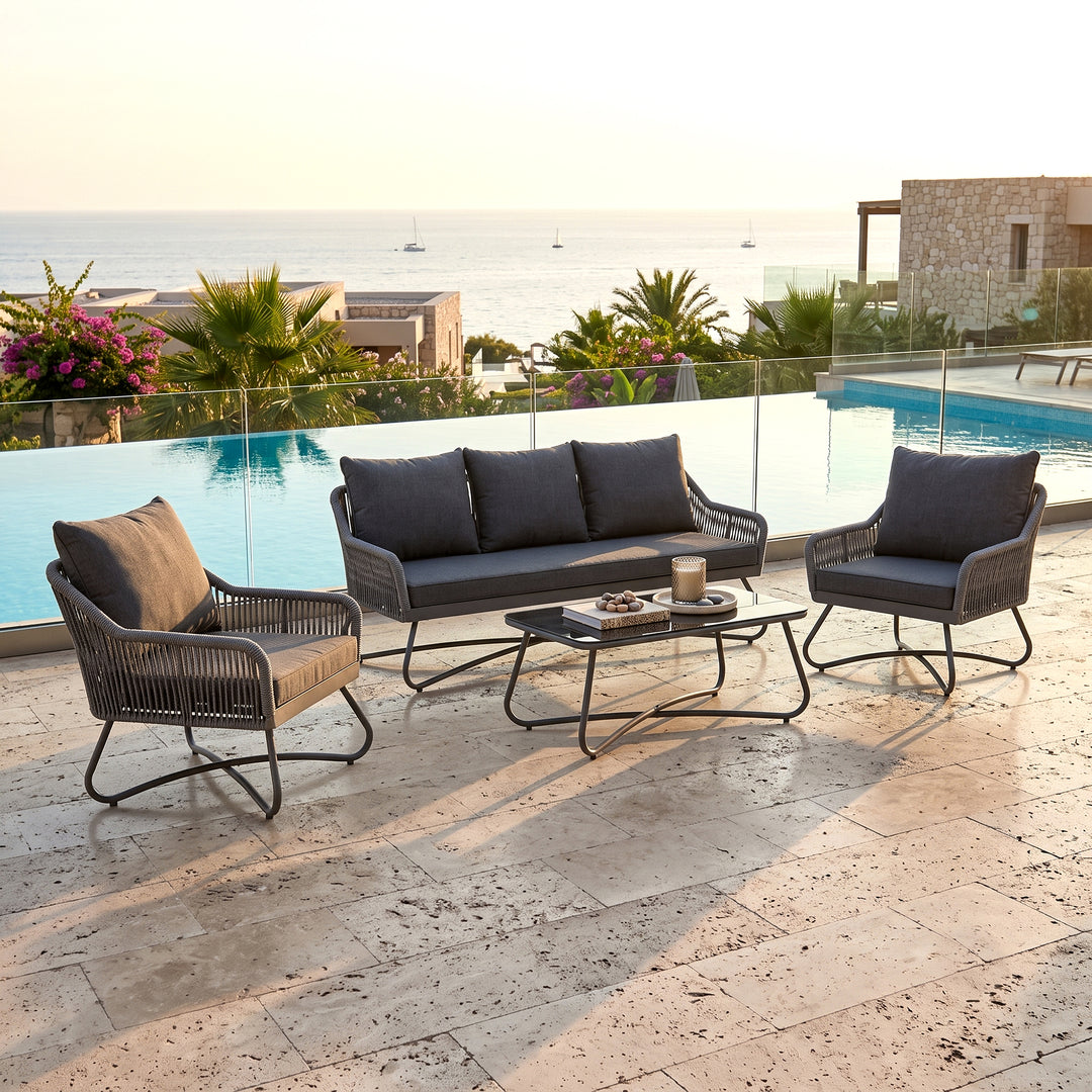Kismet Outdoor Sofa Set 3 Seater, 2 Single seater and 1 Center Table (Grey) Braided & Rope