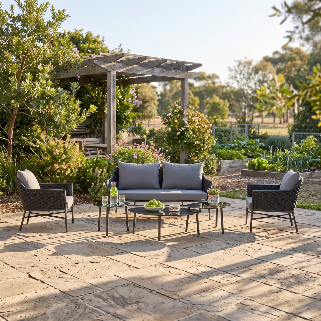 Lettiere Outdoor Garden Balcony Sofa Set 2 Seater, 2 Single Seater and 3 Tables Set (Grey)