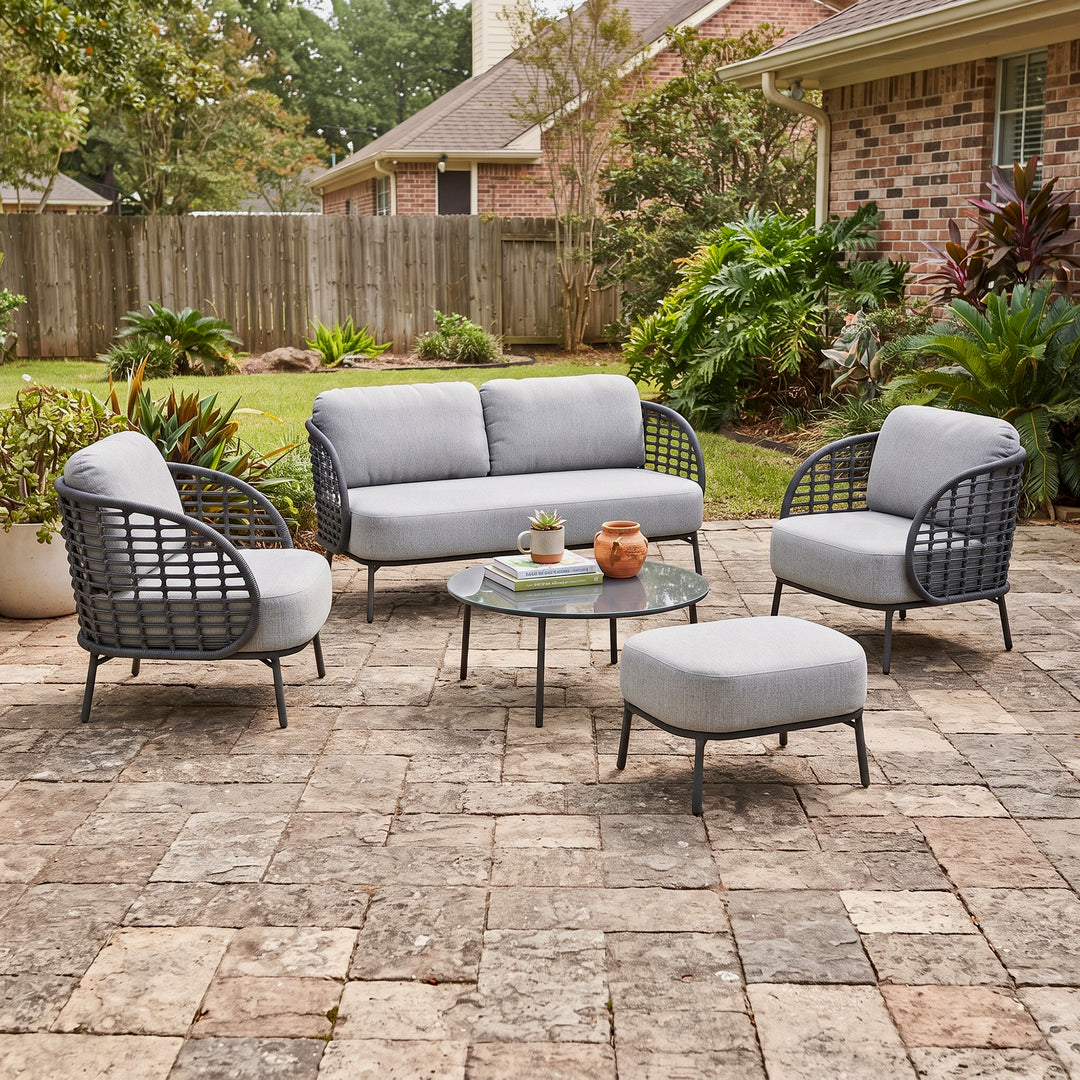 Locator Outdoor Sofa Set 2 Seater, 2 Single seater with ottoman and 1 Center Table Set (Dark Grey) Braided & Rope