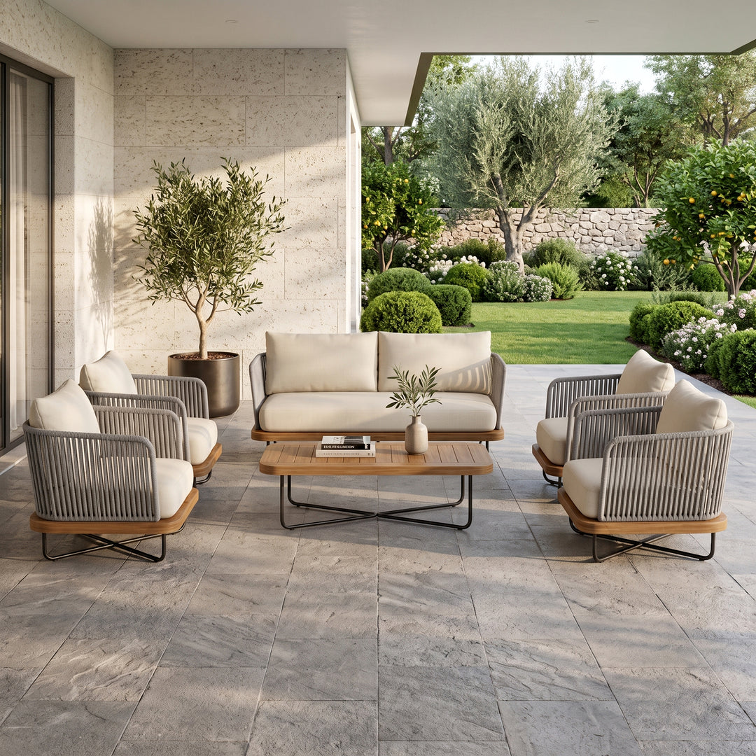 Logema Outdoor Garden Balcony Sofa Set 2 Seater,4 Single Seater With 1 Table Set, Braid & Rope (Grey)
