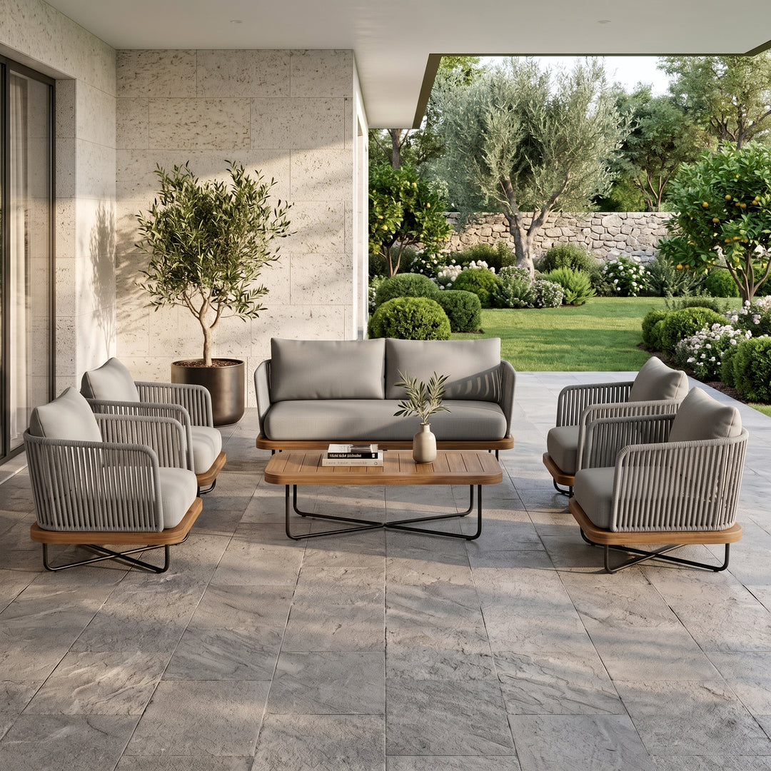Logema Outdoor Garden Balcony Sofa Set 2 Seater,4 Single Seater With 1 Table Set, Braid & Rope (Grey)