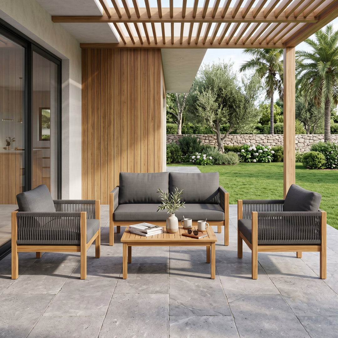 Loom Outdoor Garden Balcony Sofa Set 2 Seater , 2 Single Seater 1 Center Table Set (Grey) Braided and Rope