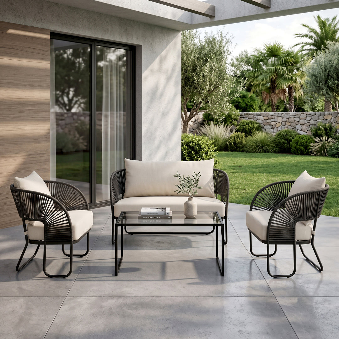 Lucas Outdoor Sofa Set 2 Seater , 2 Single seater and 1 Center Table Set (Black) Braided & Rope